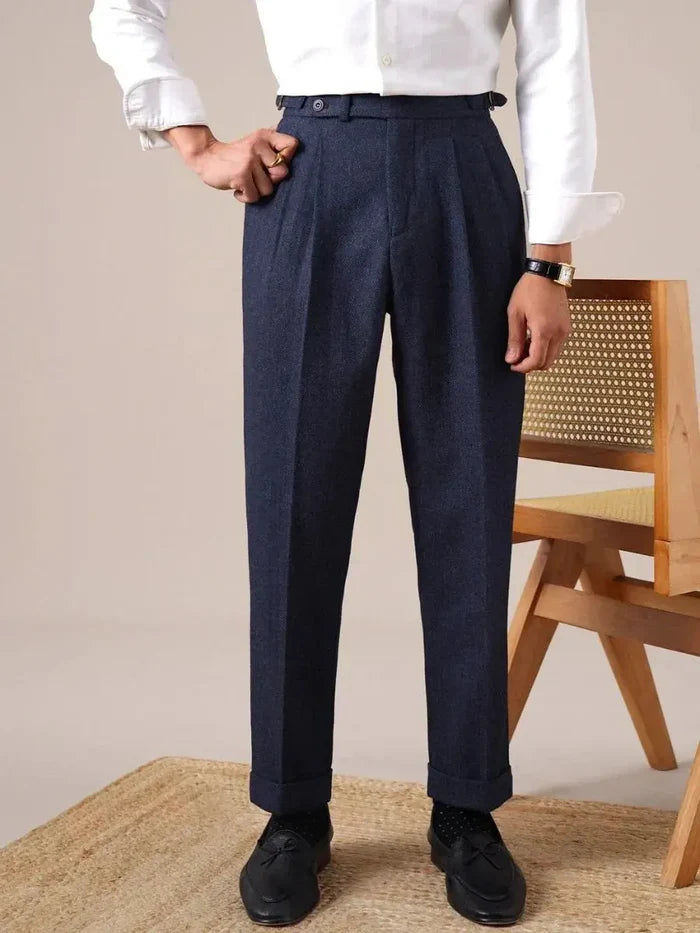 Men's Herringbone Wool Pleated Pants - BRABION