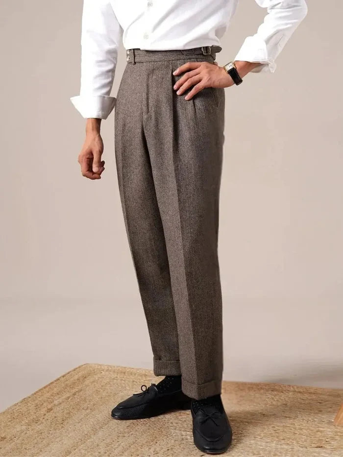 Men's Herringbone Wool Pleated Pants - BRABION
