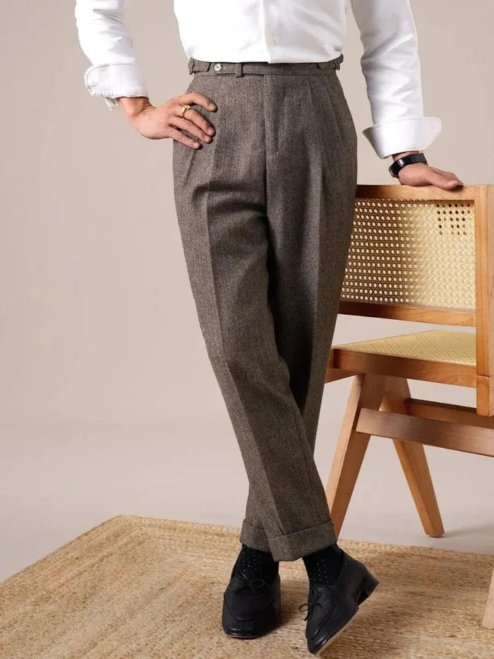 Men's Herringbone Wool Pleated Pants - BRABION
