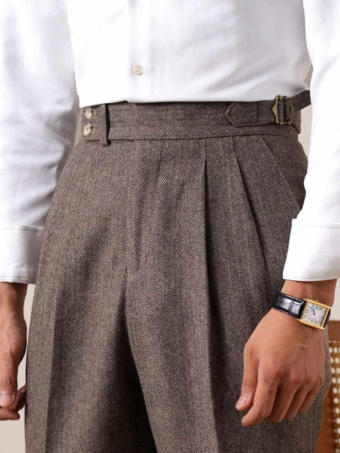 Men's Herringbone Wool Pleated Pants - BRABION