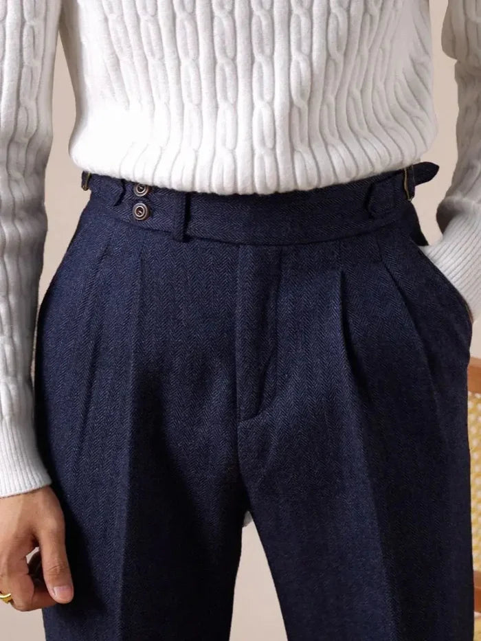 Men's Herringbone Wool Pleated Pants - BRABION