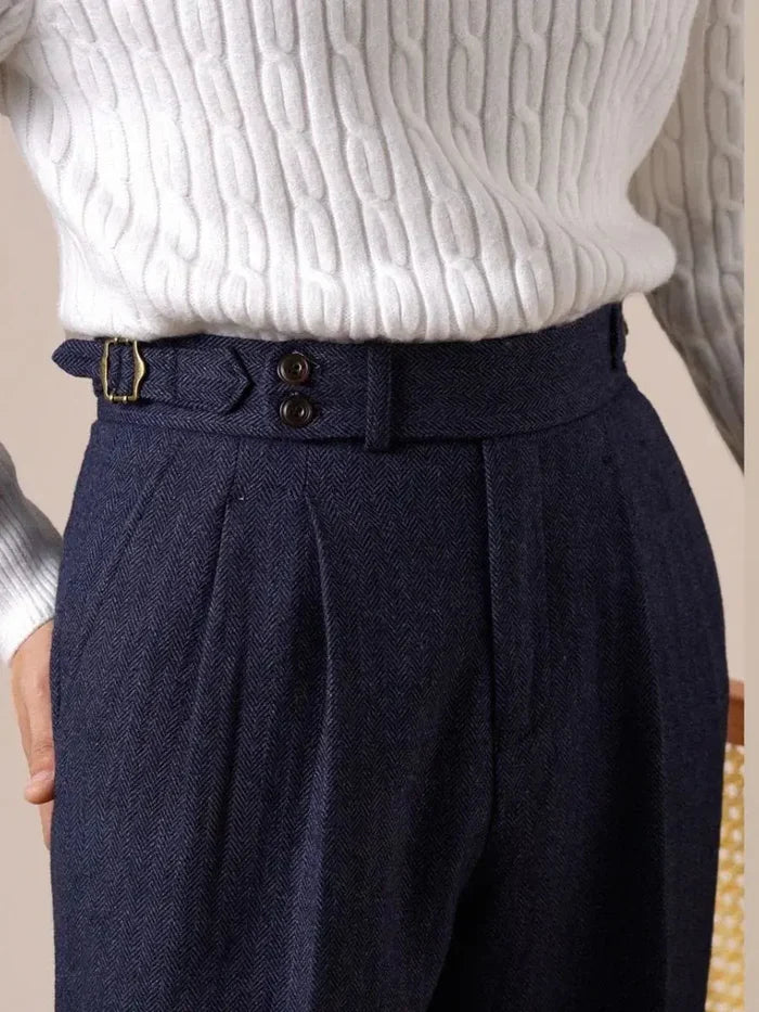 Men's Herringbone Wool Pleated Pants - BRABION