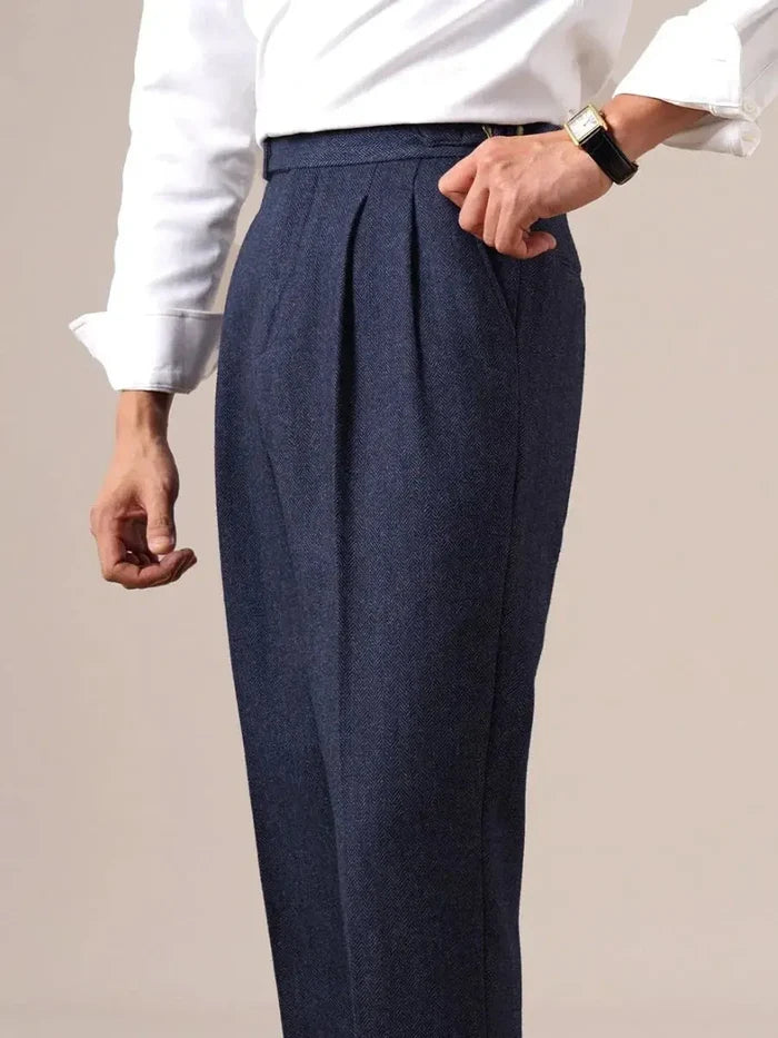 Men's Herringbone Wool Pleated Pants - BRABION