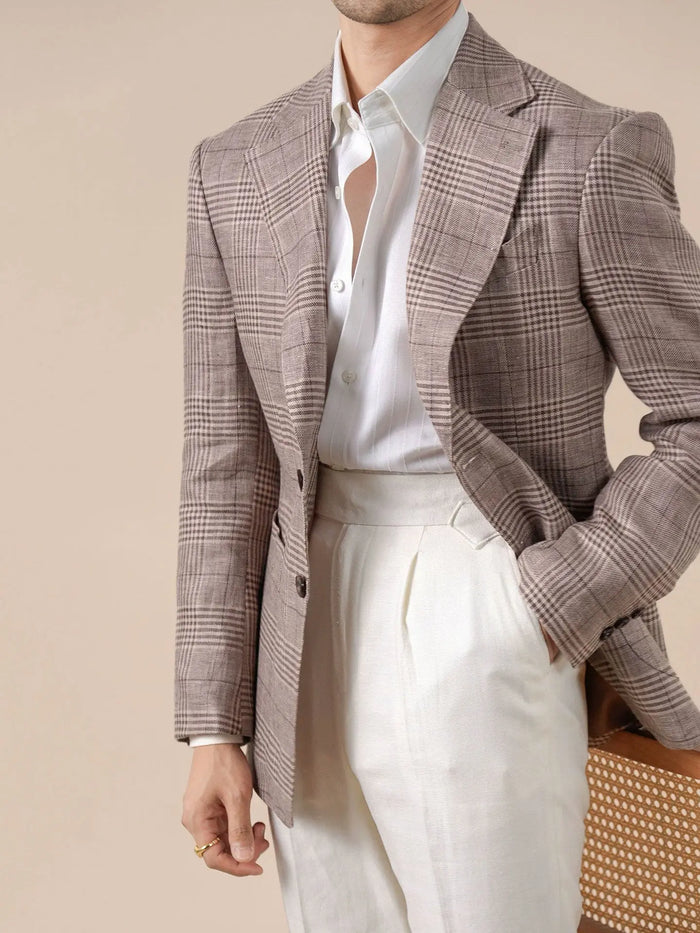 Men's Italian Prince of Wales Check Linen Blazer - BRABION