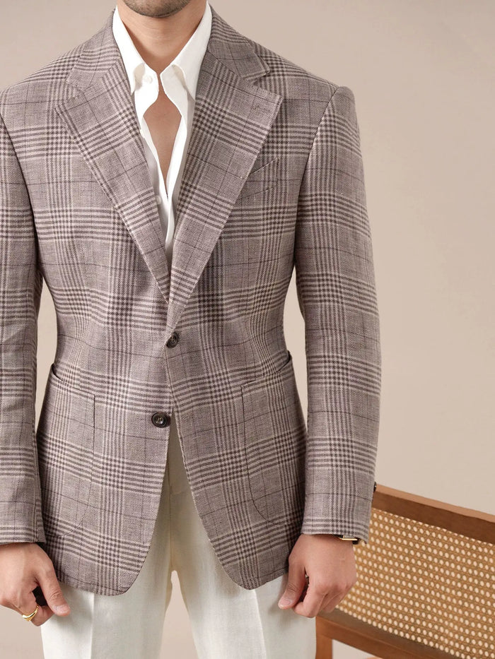 Men's Italian Prince of Wales Check Linen Blazer - BRABION