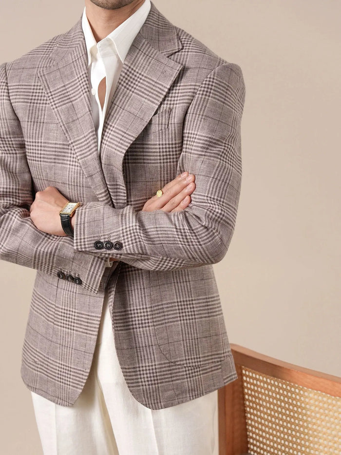 Men's Italian Prince of Wales Check Linen Blazer - BRABION