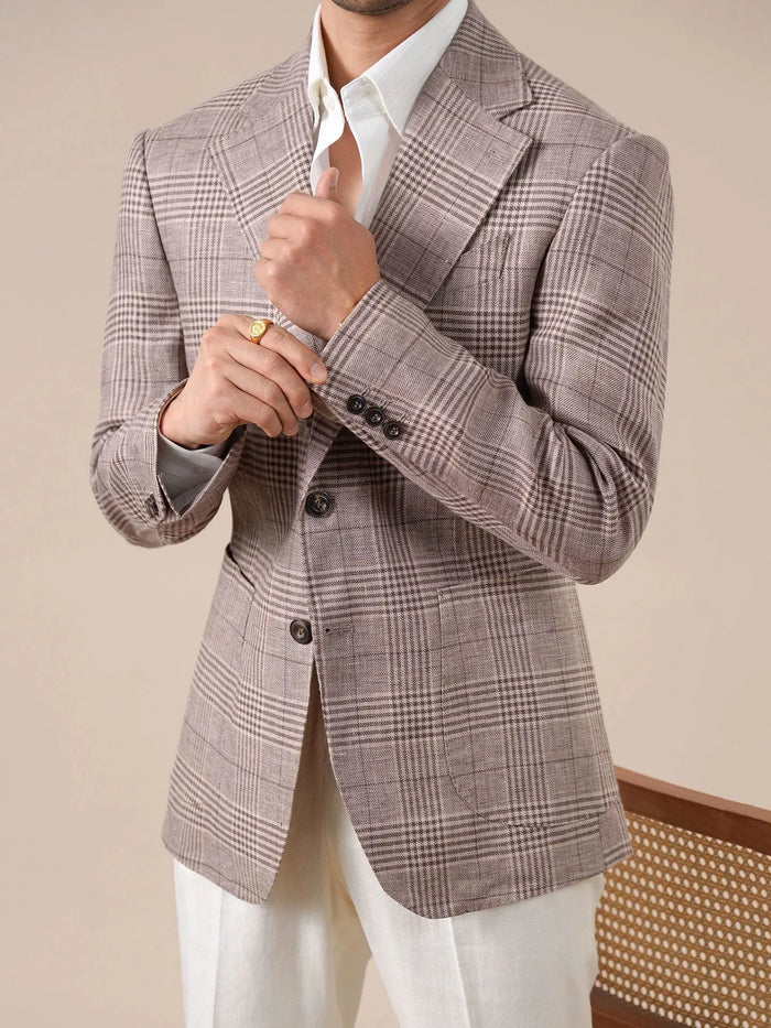 Men's Italian Prince of Wales Check Linen Blazer - BRABION