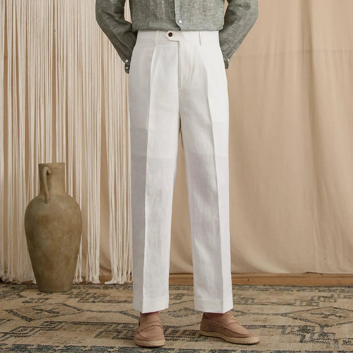 Men's Summer Breathable Pure Linen High-Waisted Trousers BRABION