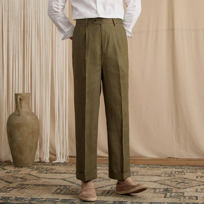Men's Summer Breathable Pure Linen High-Waisted Trousers BRABION