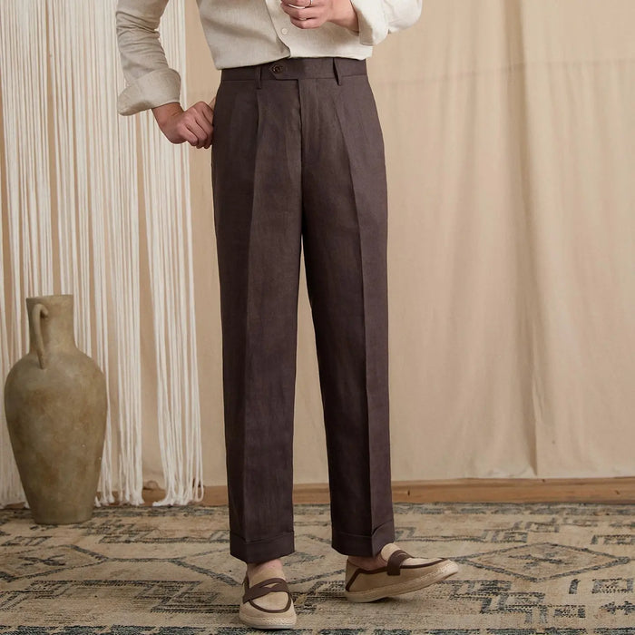 Men's Summer Breathable Pure Linen High-Waisted Trousers BRABION