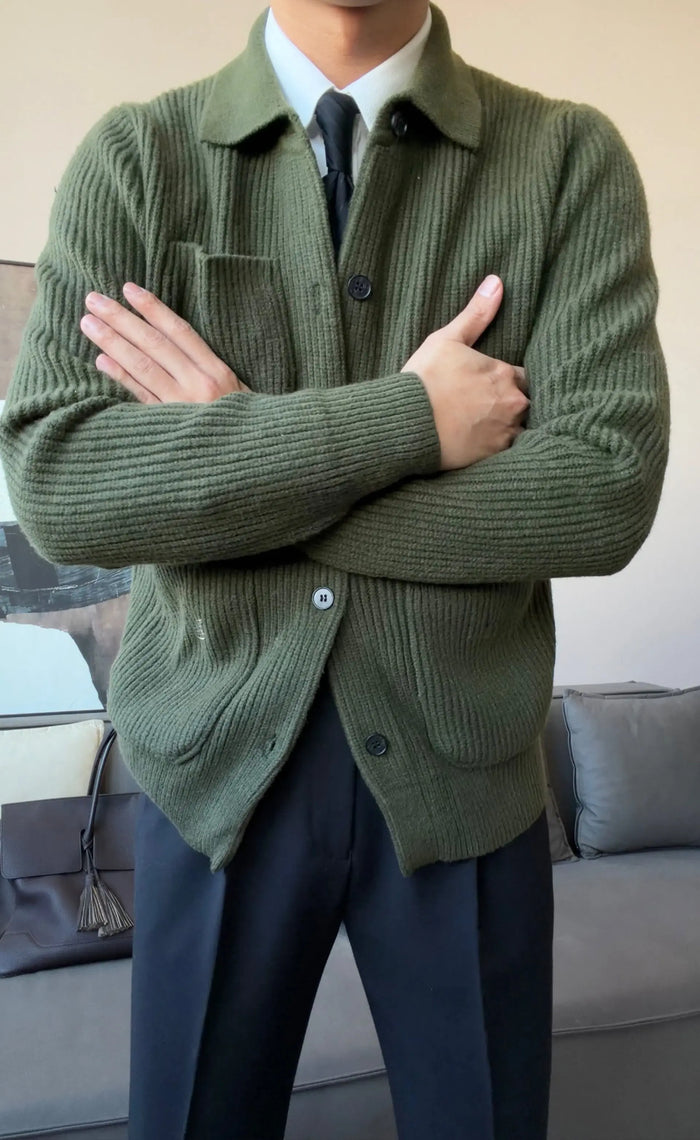 Men’s Thick Collared Knit Cardigan - BRABION