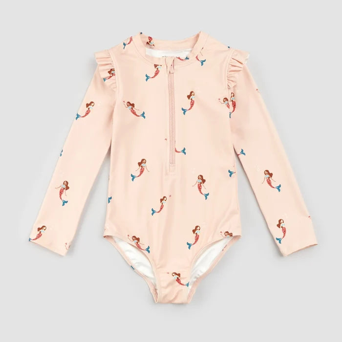 Miles The Label baby girls Coral mermaid long-sleeve swimsuit with UPF 50+ and front zip.