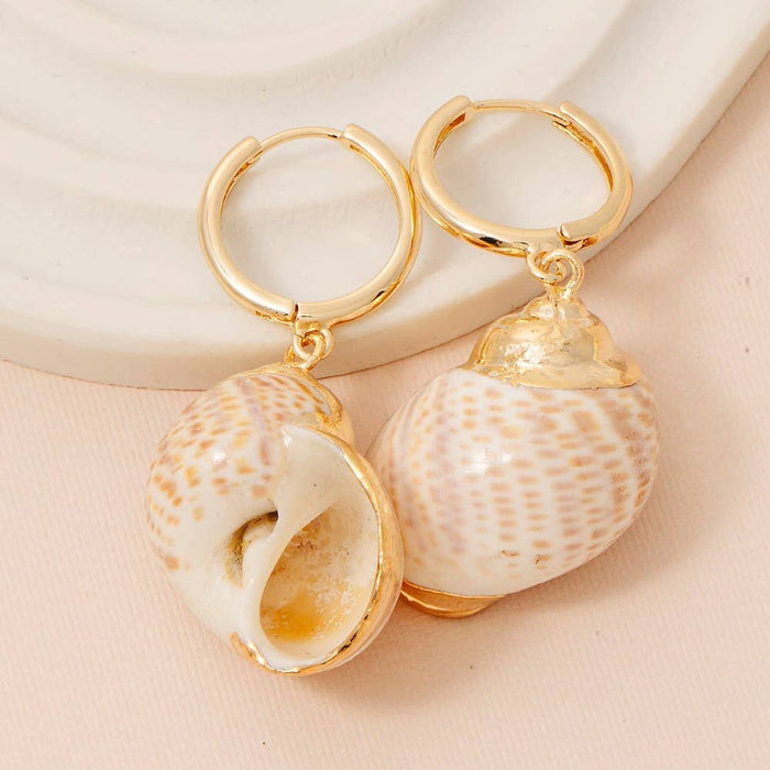 Metallic Accented Sea Snail Shell Charm Hoop Earrings