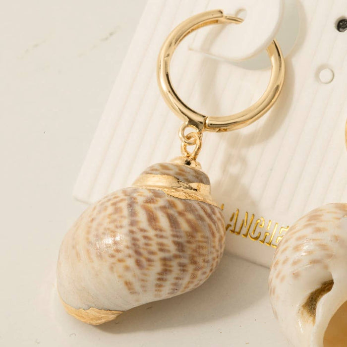 Metallic Accented Sea Snail Shell Charm Hoop Earrings
