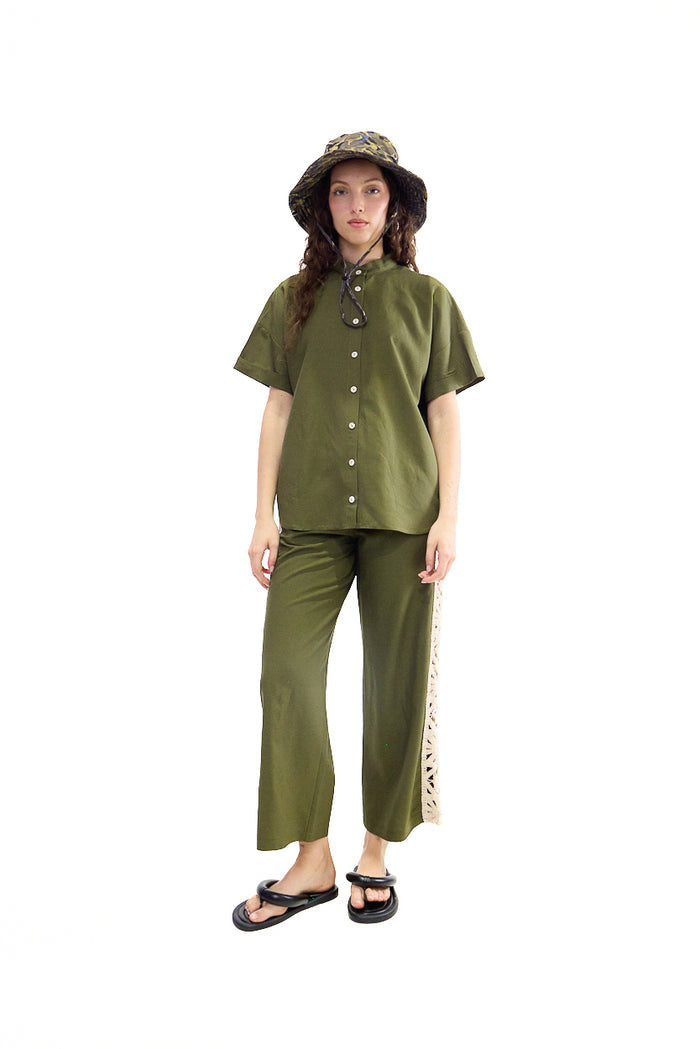 Minimal lace side panel straight leg trousers wholesale