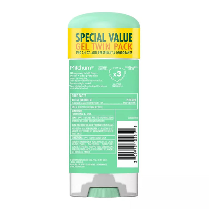 Mitchum Triple Odor Defense Gel 3.4Oz, Shower Fresh Twin Pack - 12 Pack