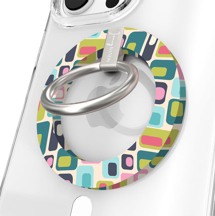 Mod Mood retro mid-century geometric MagSafe phone grip ring with teal lime pink and navy color blocks compatible with iPhone and Samsung