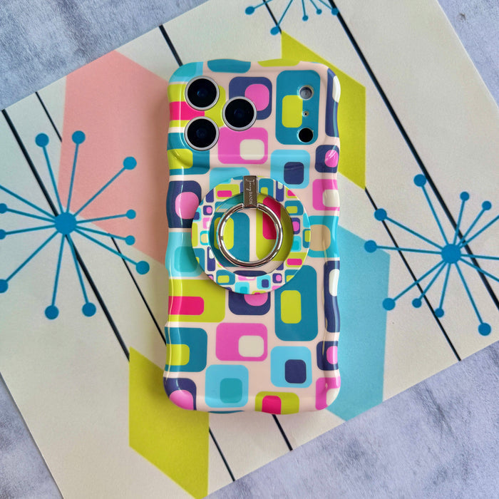 Mod Mood retro mid-century geometric MagSafe phone grip ring with teal lime pink and navy color blocks compatible with iPhone and Samsung