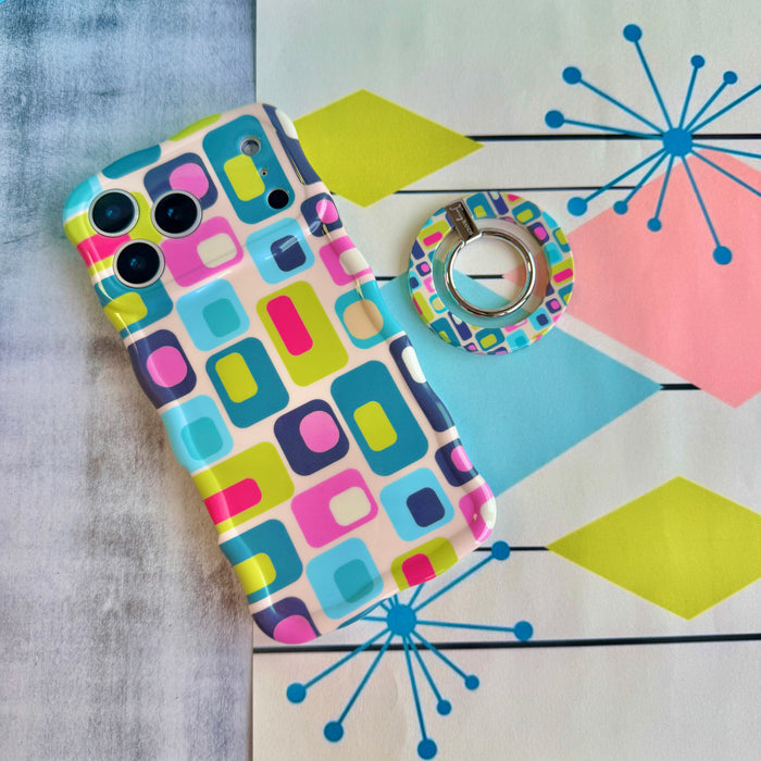 Mod Mood retro mid-century geometric MagSafe phone grip ring with teal lime pink and navy color blocks compatible with iPhone and Samsung