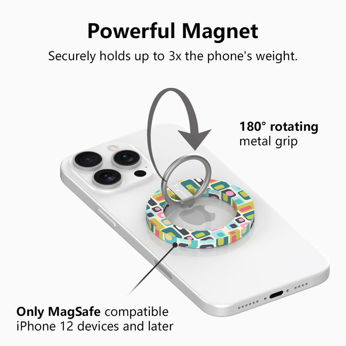 Mod Mood retro mid-century geometric MagSafe phone grip ring with teal lime pink and navy color blocks compatible with iPhone and Samsung