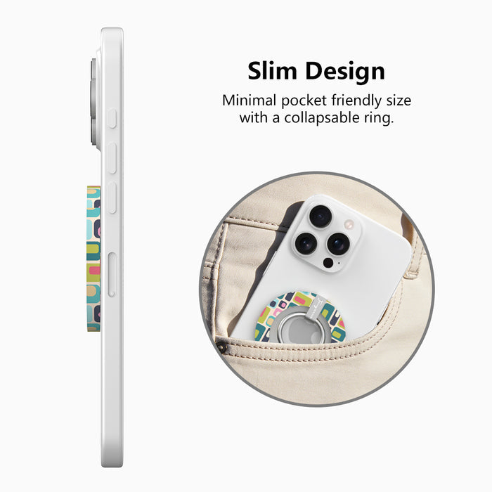 Mod Mood retro mid-century geometric MagSafe phone grip ring with teal lime pink and navy color blocks compatible with iPhone and Samsung