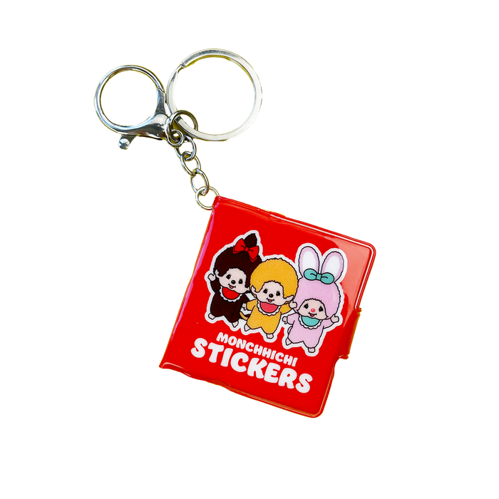 Monchhichi Stickers mini sticker book keychain isolated product shot — red cover with kawaii character art and silver keychain ring by Pipsticks