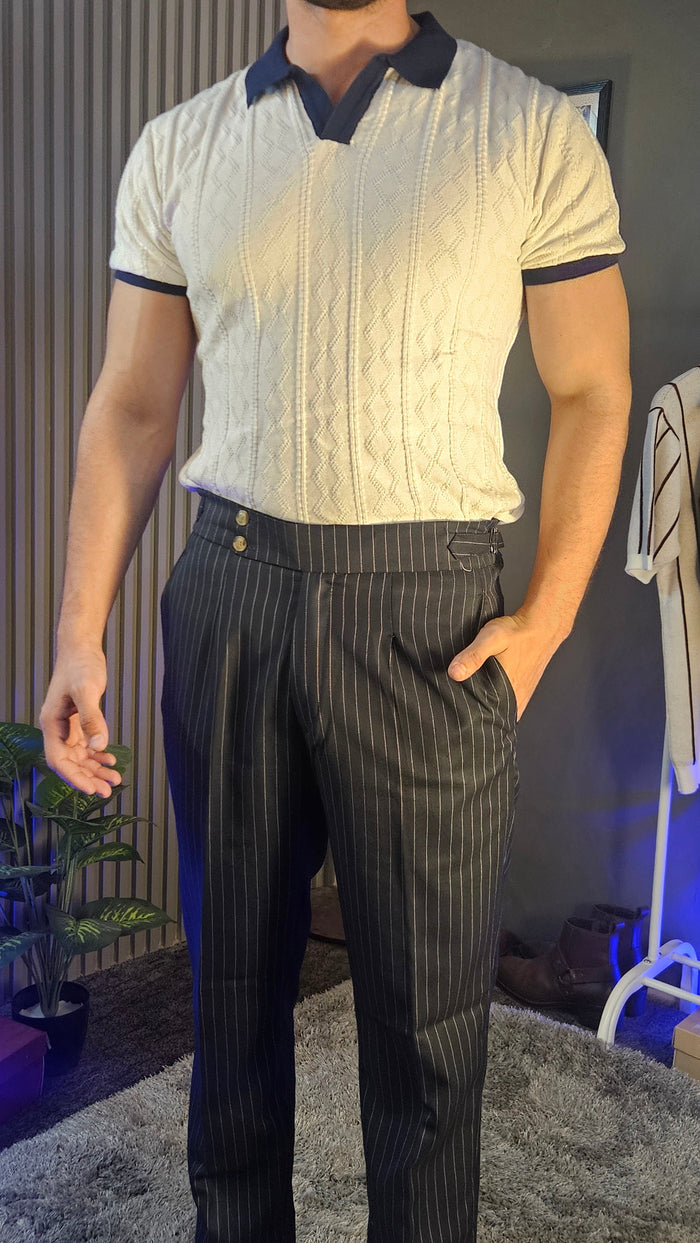 Navy Stripe Signature Button Gurkha Pant × White Diamond Cable Half Sleeves Knit Polo