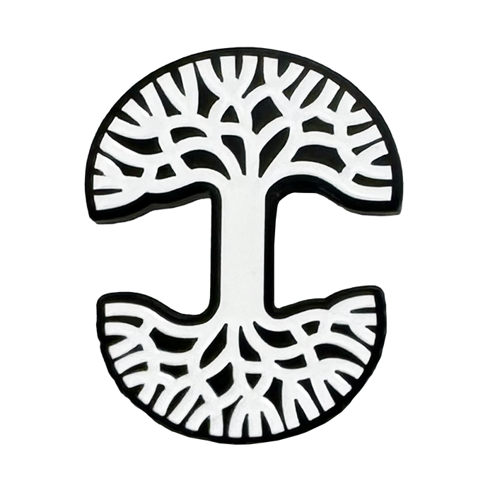 The Oaklandish Logo Enamel Pin by Oaklandish features a black and white design with a stylized "I" as the tree trunk, branching into circular canopies—an intricate, striking accessory perfect for any pin collection.