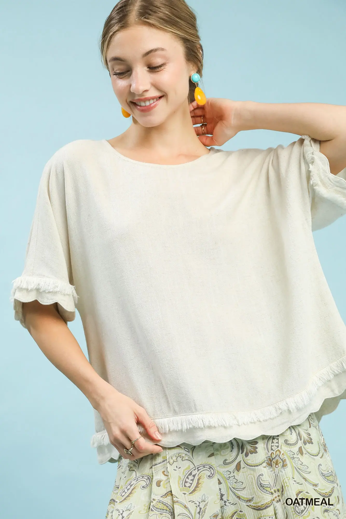 Oatmeal Linen & Cotton Scallop Top