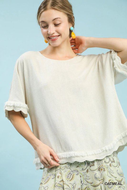 Oatmeal Linen & Cotton Scallop Top