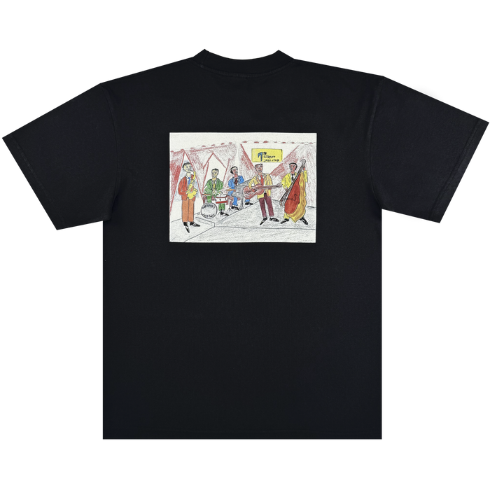 The Ode to Jass Tee by Other is a black classic fit t-shirt featuring a colorful, hand-drawn illustration on the back of five musicians playing under a tent, with a yellow “T-Market Open” sign. The playful, childlike artwork captures the vibrant spirit and lively energy of early Oakland jazz scenes.