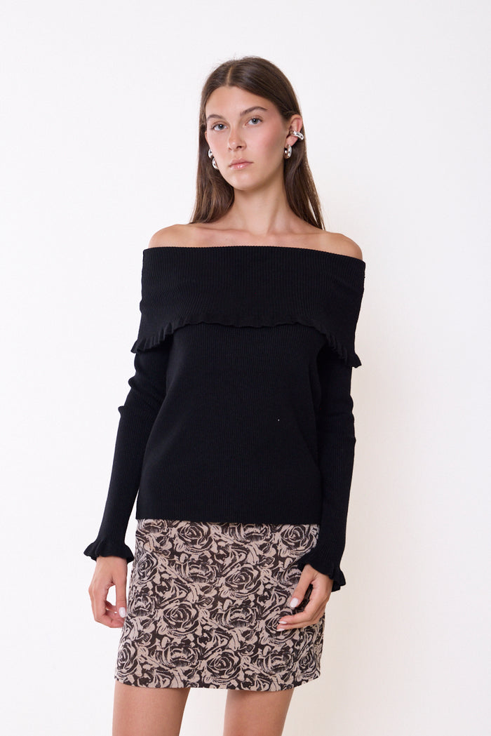 Off-shoulder ruffle-trim ribbed knit sweater wholesale
