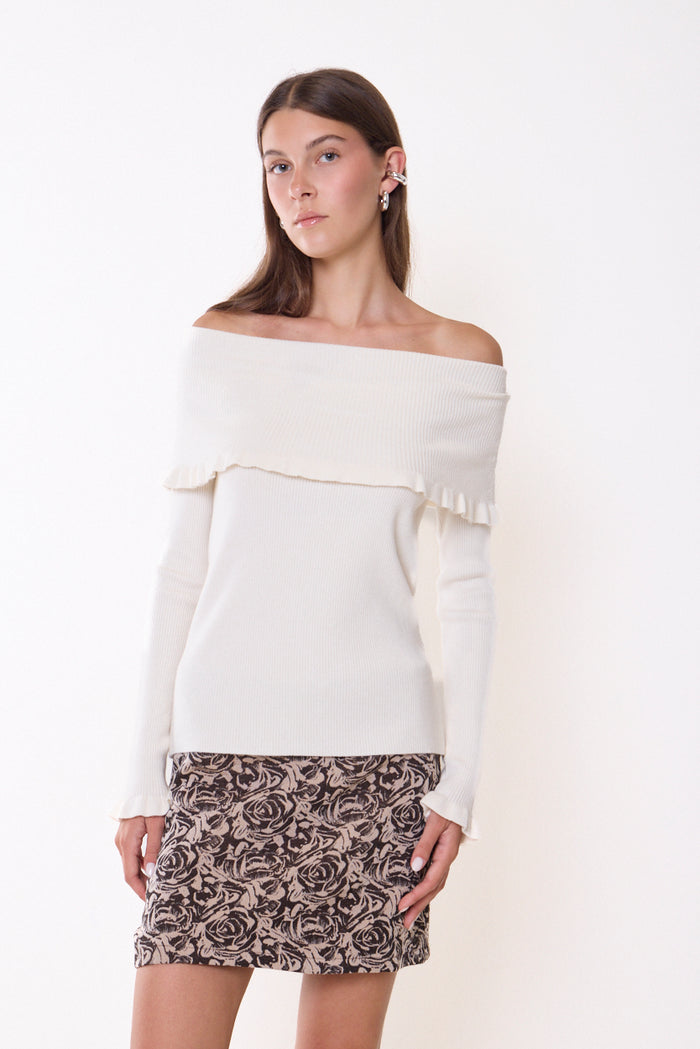 Off-shoulder ruffle-trim ribbed knit sweater wholesale