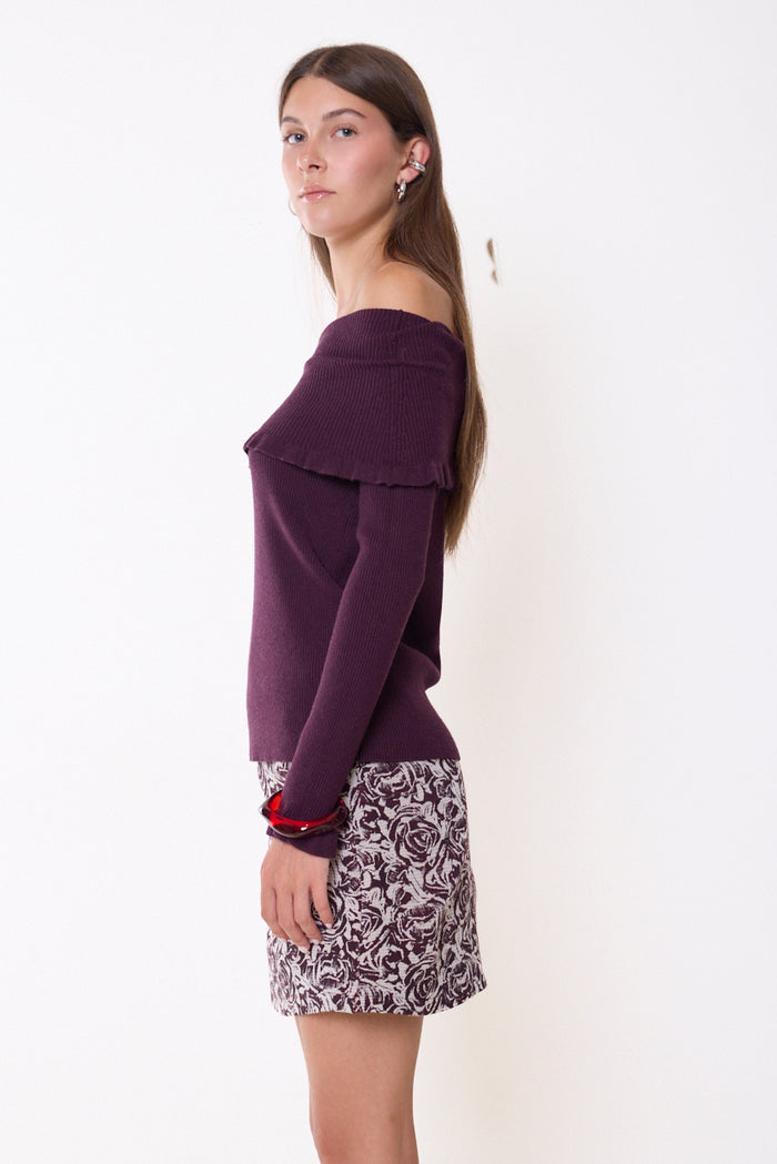 Off-shoulder ruffle-trim ribbed knit sweater wholesale