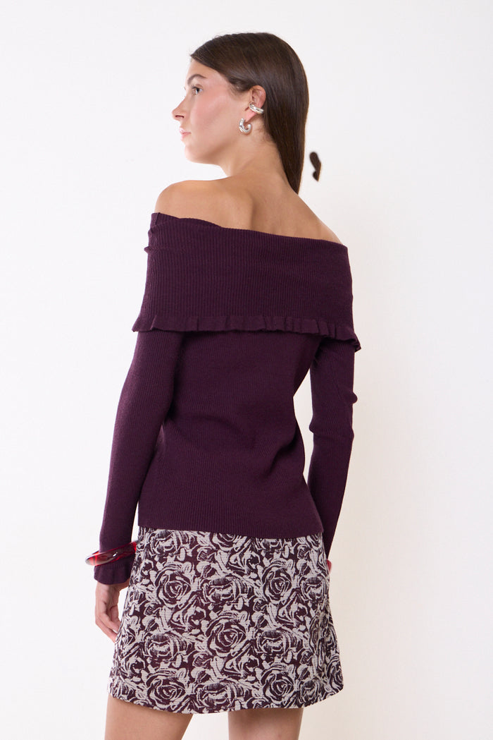 Off-shoulder ruffle-trim ribbed knit sweater wholesale