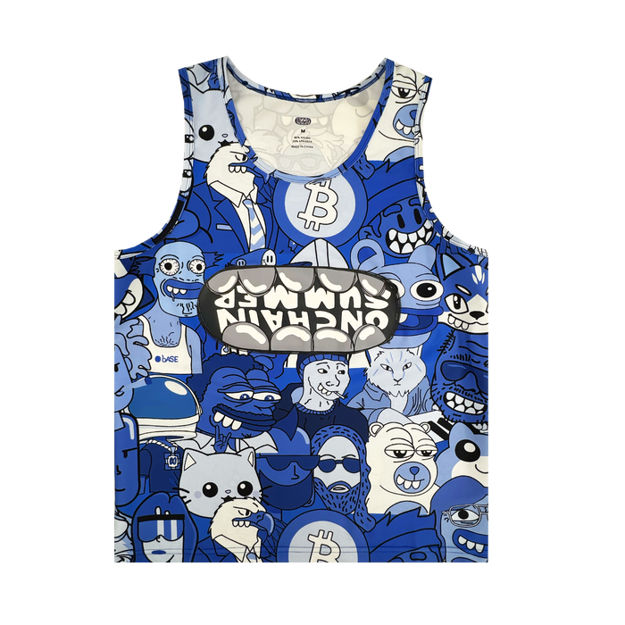The OG Summer Tank by Supported Brands features bold blue and white tones with cartoon faces, animals, people, and Bitcoin logos. “UNCHAIN” stands out in the center—designed for unique style inspired by events like Onchain Summit.