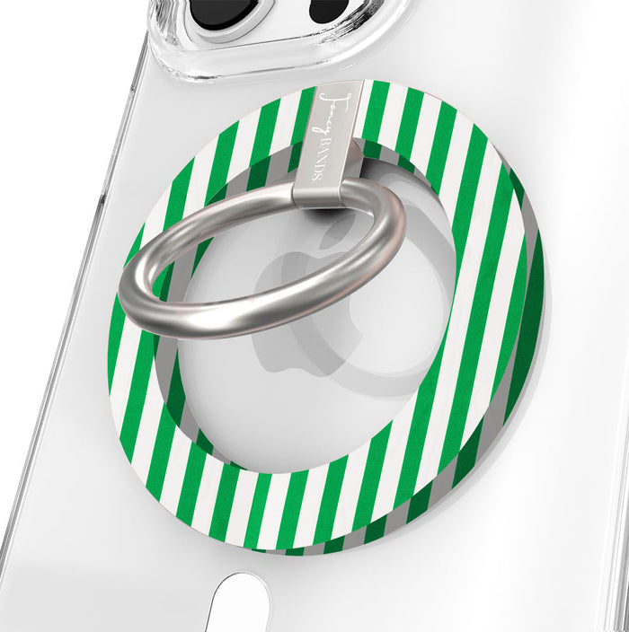 Oh, La La green and white striped MagSafe phone grip ring with classic preppy pattern compatible with iPhone and Samsung