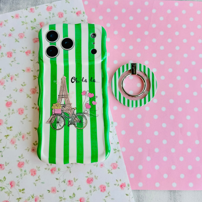 Oh, La La green and white striped MagSafe phone grip ring with classic preppy pattern compatible with iPhone and Samsung