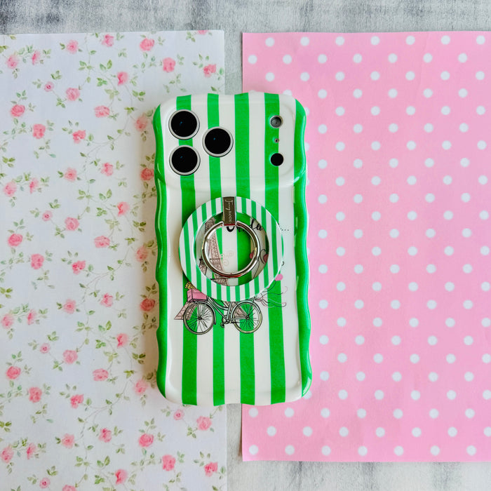 Oh, La La green and white striped MagSafe phone grip ring with classic preppy pattern compatible with iPhone and Samsung