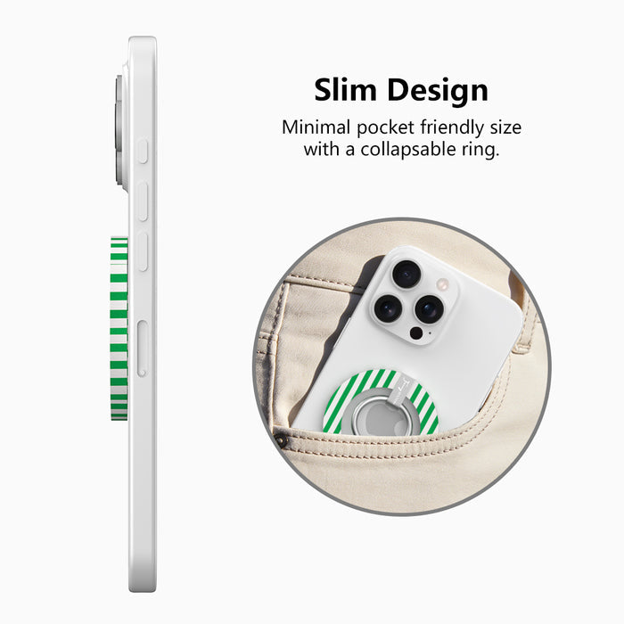 Oh, La La green and white striped MagSafe phone grip ring with classic preppy pattern compatible with iPhone and Samsung