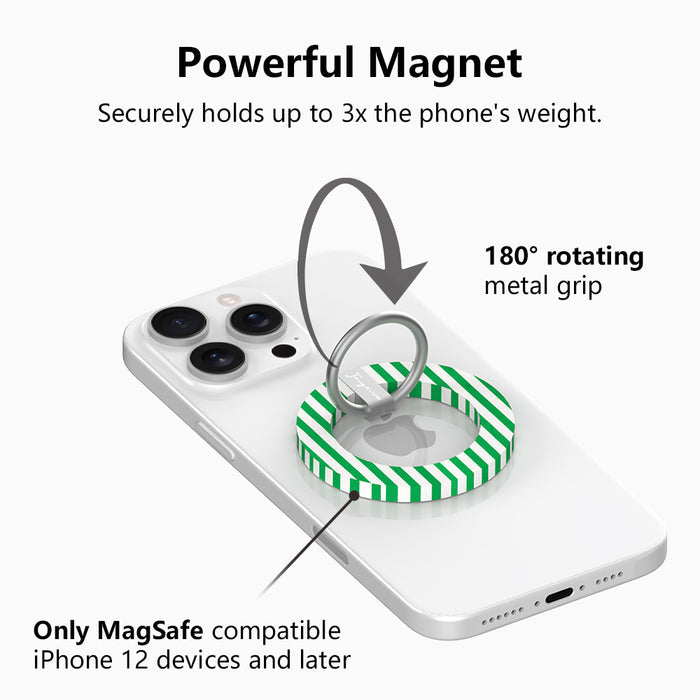 Oh, La La green and white striped MagSafe phone grip ring with classic preppy pattern compatible with iPhone and Samsung