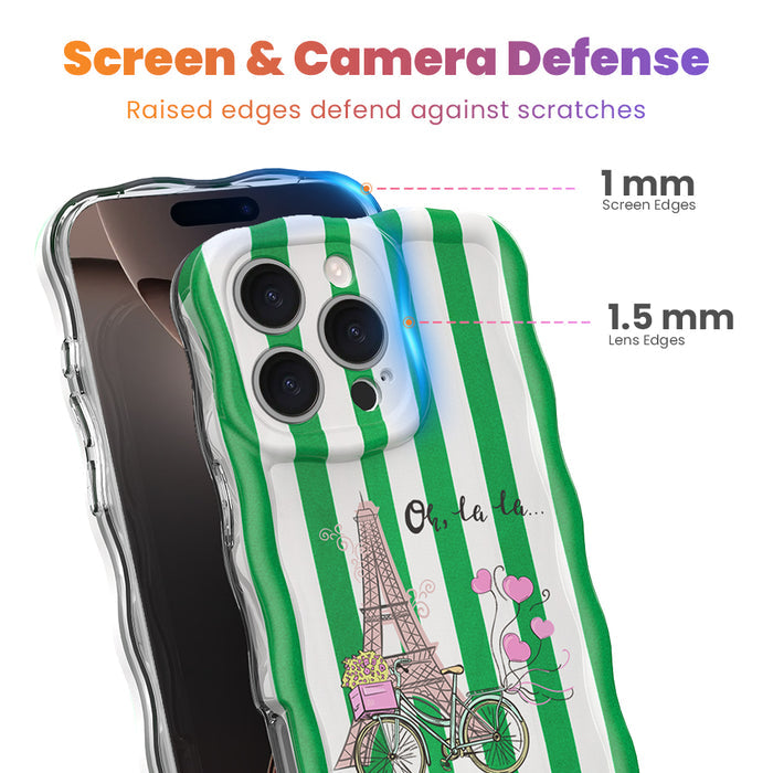 Trendy wavy iPhone case featuring green and white vertical stripes with a central Eiffel Tower and bicycle graphic.