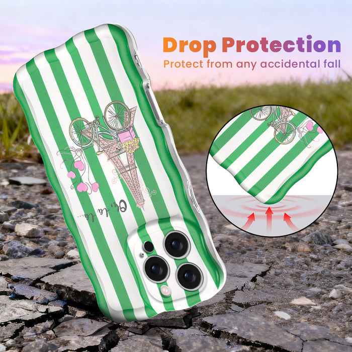 Trendy wavy iPhone case featuring green and white vertical stripes with a central Eiffel Tower and bicycle graphic.