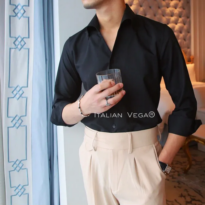 Old Money Black Shirt with Dark Blue Denim Signature Buttoned Gurkha Pant by ITALIAN VEGA®