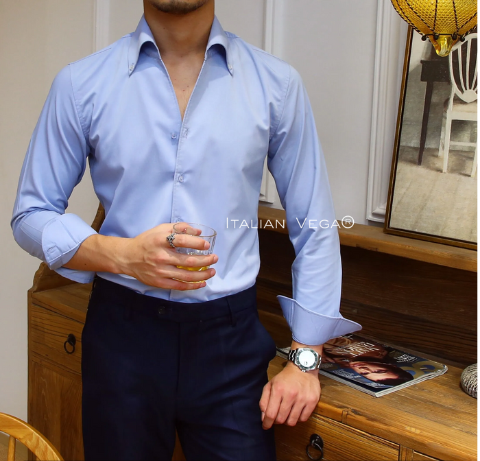 Old Money Powder Blue Shirt with Black Signature Buttoned Gurkha Pant by ITALIAN VEGA®