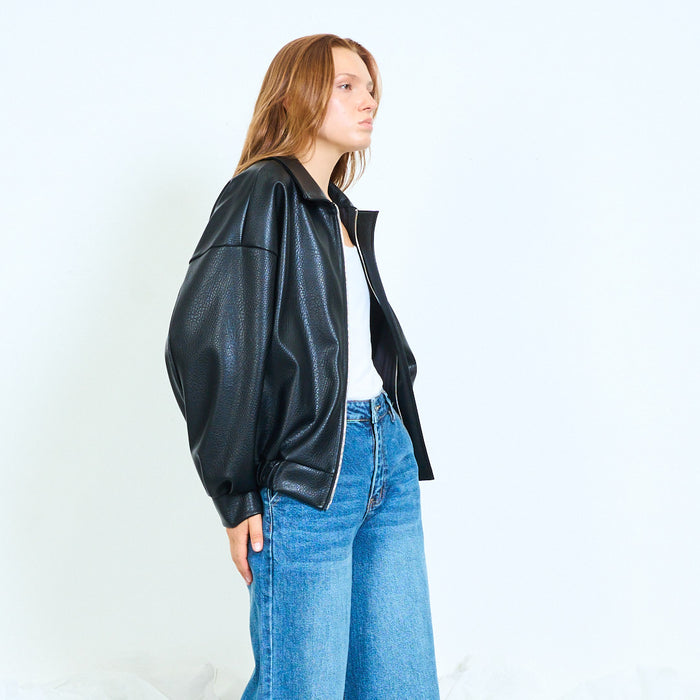 Oversized faux-leather jacket with zip fastening wholesale