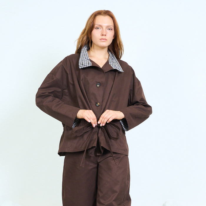 Oversized jacket with checked collar and tie waist wholesale