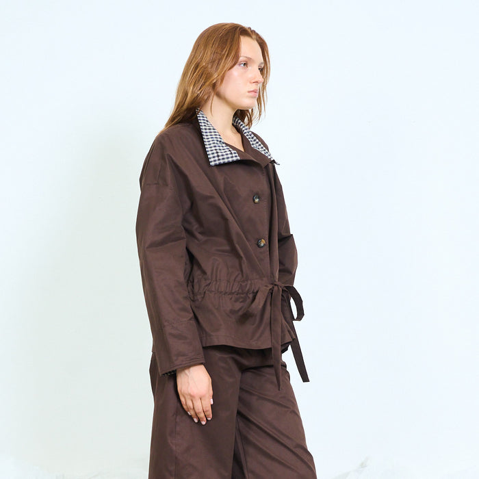 Oversized jacket with checked collar and tie waist wholesale