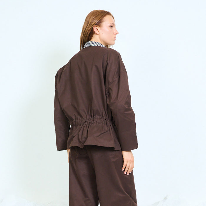 Oversized jacket with checked collar and tie waist wholesale