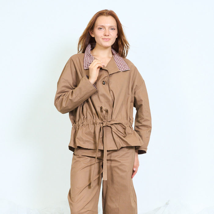 Oversized jacket with checked collar and tie waist wholesale